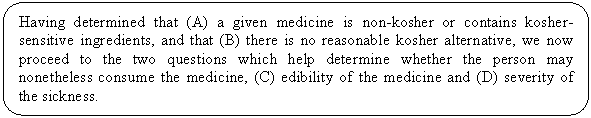 Rounded Rectangle: Having determined that (A) a given medicine is non-kosher or contains kosher-sensitive ingredients, and that (B) there is no reasonable kosher alternative, we now proceed to the two questions which help determine whether the person may nonetheless consume the medicine, (C) edibility of the medicine and (D) severity of the sickness.